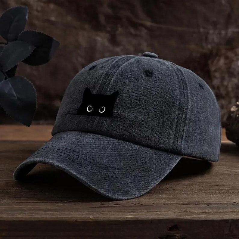 Embroidered Peeking Black Cat Embroidered Baseball Cap Cat Mom Embroidered Hat Adjustable Vintage Dad Hat Cute Cat Lover Gift