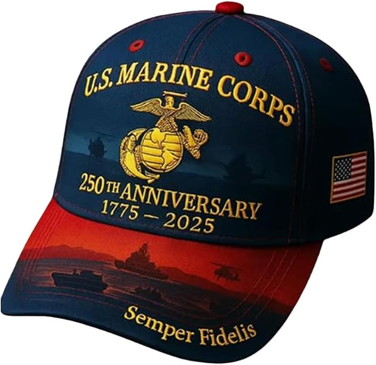 250th Anniversary Embroidered Baseball Cap - Adjustable Military Tribute Hat for Men, Commemorative Marine Corps Veteran Gift (Black)