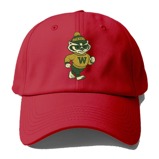 Wisconsin Badger wearing Packers green and gold beanie with pom pom and wayfarer - Baseball Cap