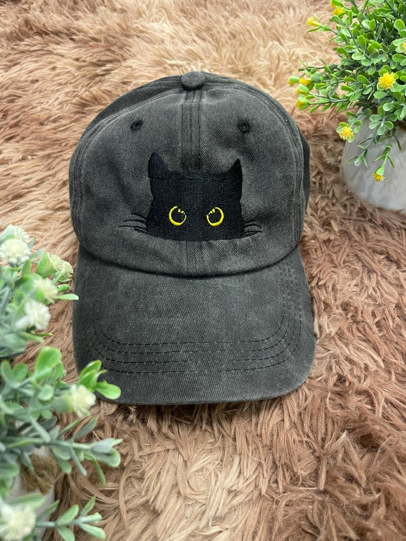 Embroidered Peeking Black Cat Embroidered Baseball Cap Cat Mom Embroidered Hat Adjustable Vintage Dad Hat Cute Cat Lover Gift