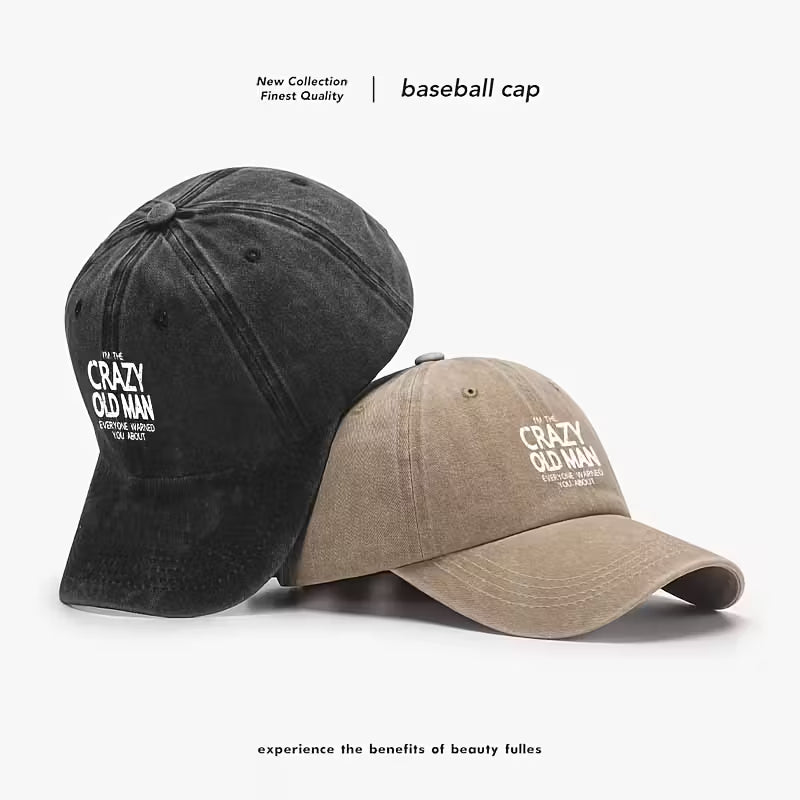 "IM THE CRAZY OLD MAN EVERYOVE WARNED YOU ABOUT" istressed vintage baseball cap, worn lettering with rebellious slogans, street culture, adjustable, lightweight, sun hat.