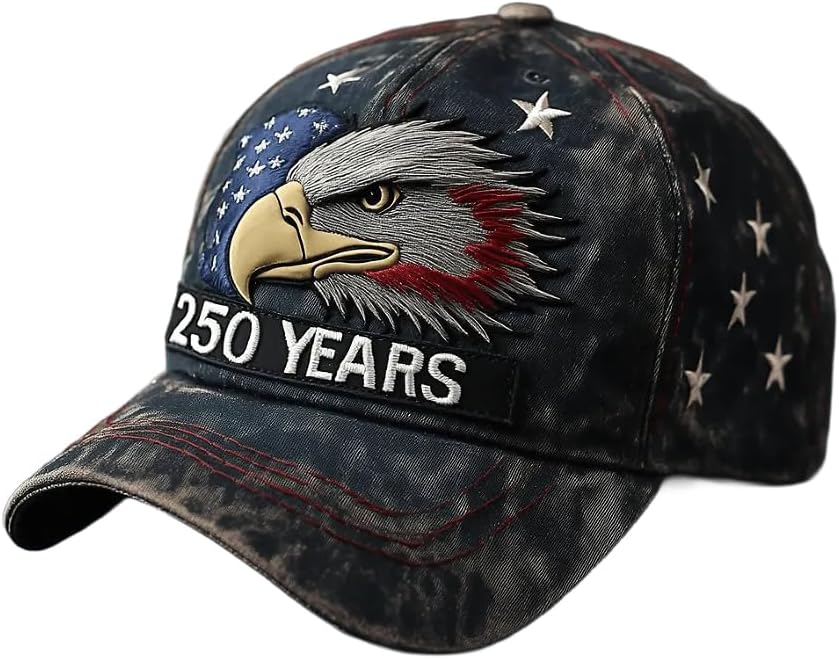 USA 250th Anniversary Hat, Adjustable 250th Anniversary Printed Patriotic Baseball Caps, Tribute Retro Washed Hat