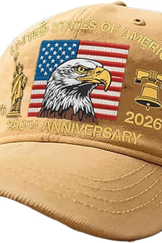 USA 250th Anniversary Hat, Adjustable 250th Anniversary Printed Patriotic Baseball Caps, Tribute Retro Washed Hat