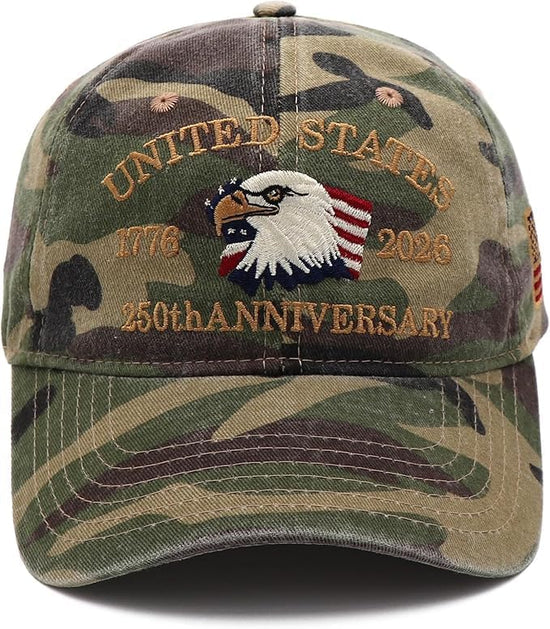 USA 250th Anniversary Hat, Adjustable 250th Anniversary Printed Patriotic Baseball Caps, Tribute Retro Washed Hat
