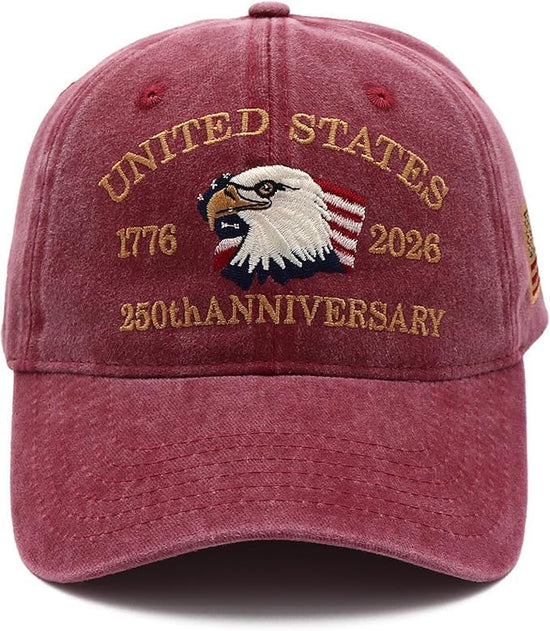 USA 250th Anniversary Hat, Adjustable 250th Anniversary Printed Patriotic Baseball Caps, Tribute Retro Washed Hat