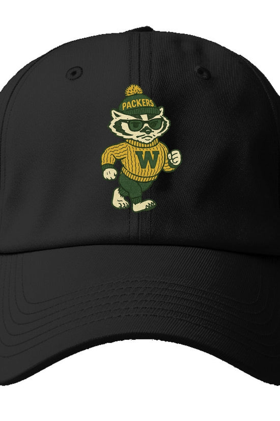 Wisconsin Badger wearing Packers green and gold beanie with pom pom and wayfarer - Baseball Cap