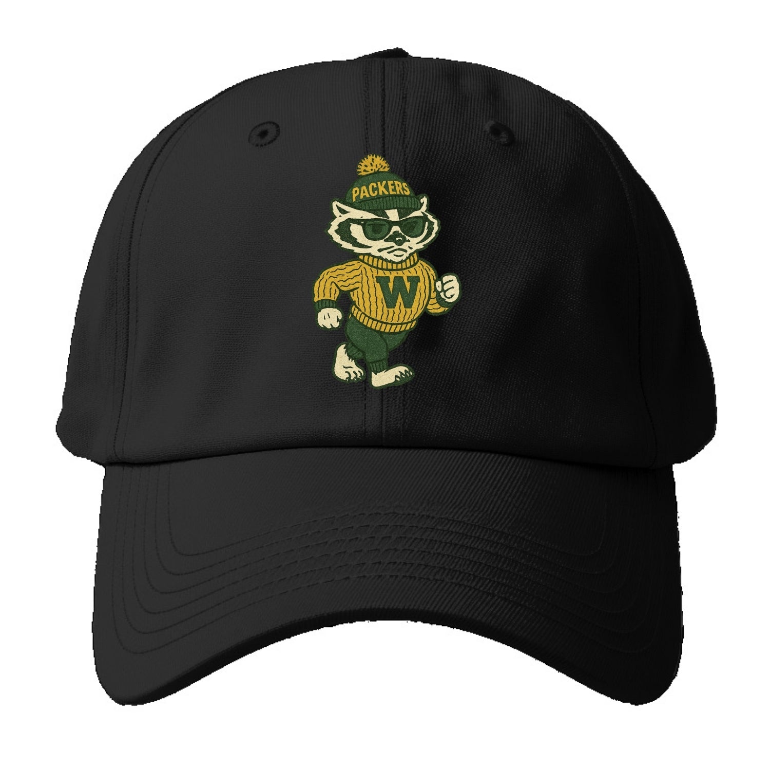 Wisconsin Badger wearing Packers green and gold beanie with pom pom and wayfarer - Baseball Cap