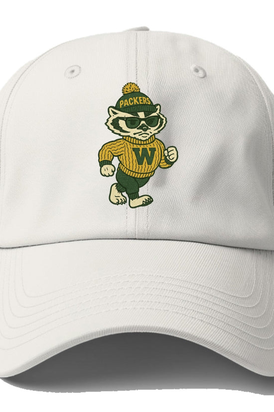 Wisconsin Badger wearing Packers green and gold beanie with pom pom and wayfarer - Baseball Cap