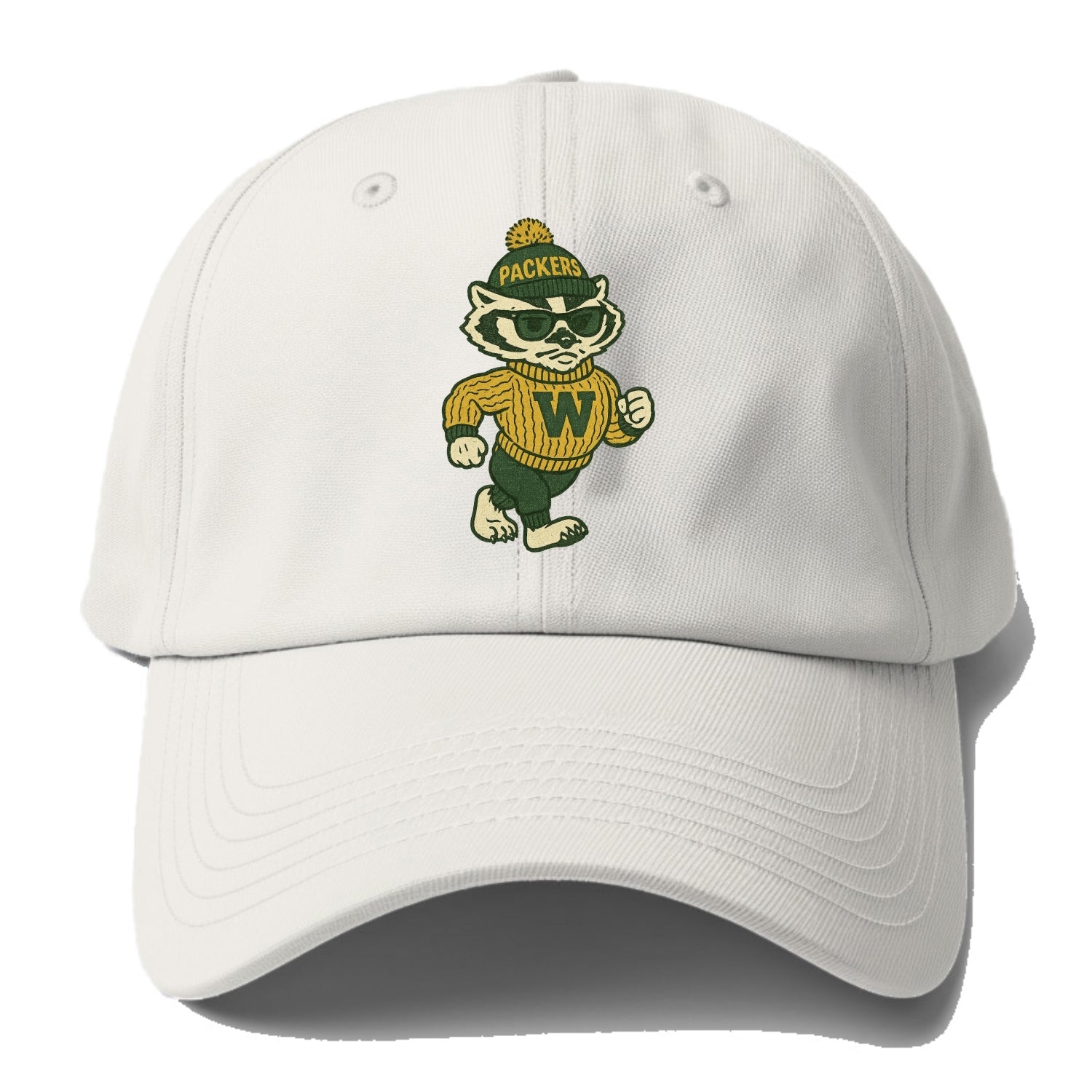 Wisconsin Badger wearing Packers green and gold beanie with pom pom and wayfarer - Baseball Cap