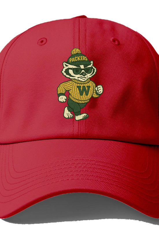 Wisconsin Badger wearing Packers green and gold beanie with pom pom and wayfarer - Baseball Cap