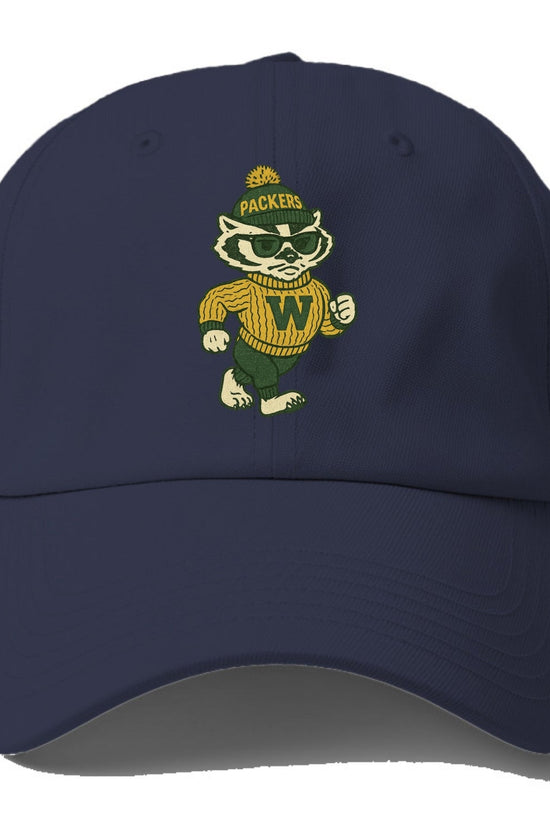 Wisconsin Badger wearing Packers green and gold beanie with pom pom and wayfarer - Baseball Cap