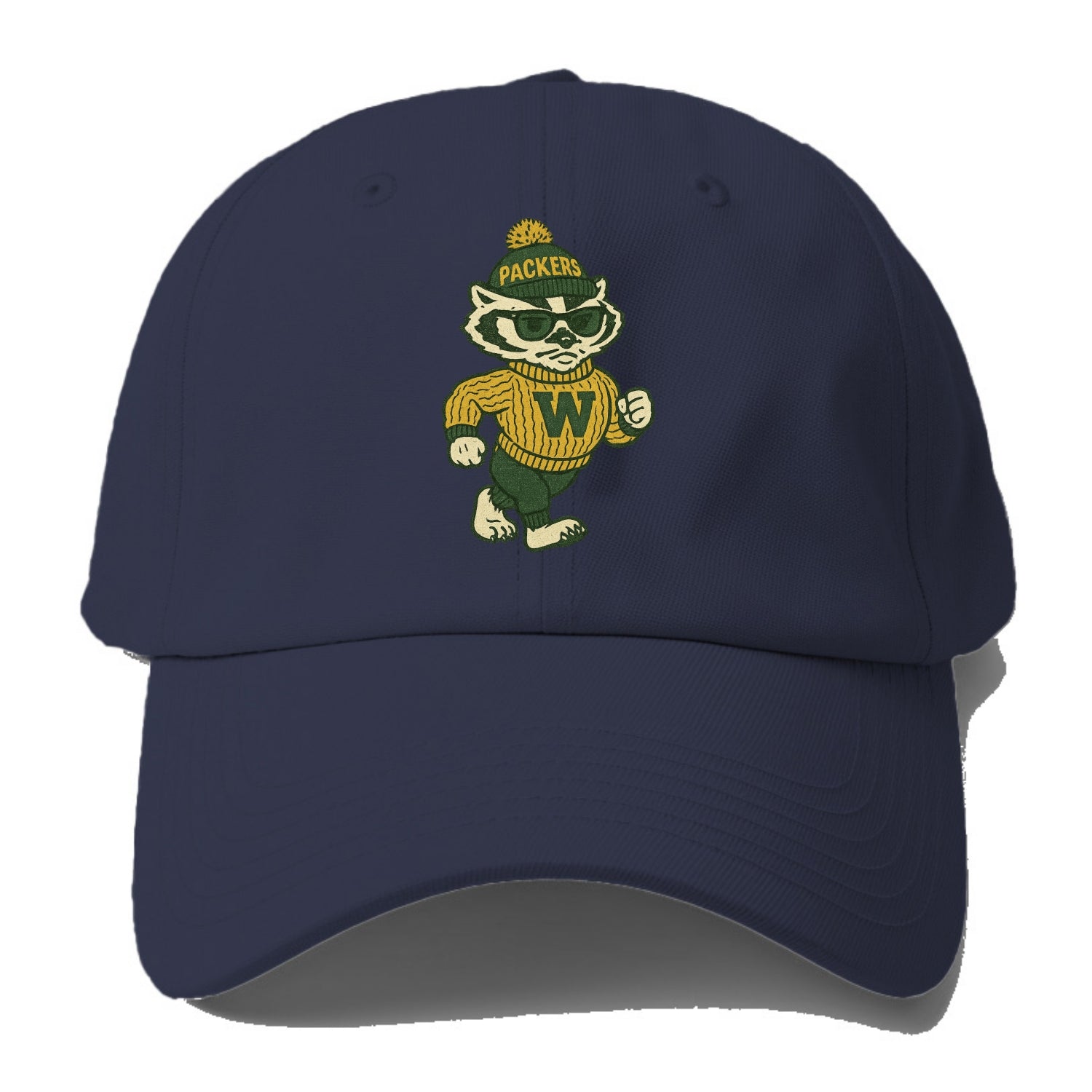 Wisconsin Badger wearing Packers green and gold beanie with pom pom and wayfarer - Baseball Cap