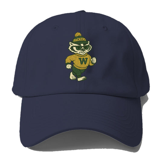 Wisconsin Badger wearing Packers green and gold beanie with pom pom and wayfarer - Baseball Cap